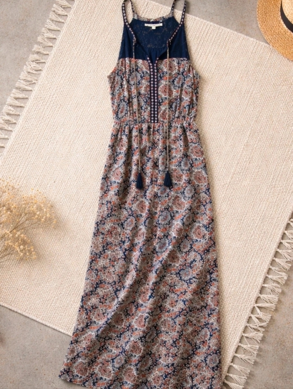 Daniel Rainn Blue Paisley Halter Maxi Dress Sheer Lace Yolk Boho XS